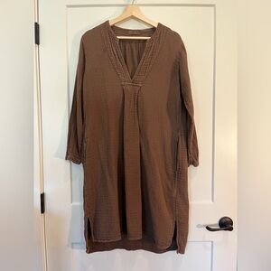 CP Shades brown 100% cotton V neck long sleeve midi minimalist Lagenlook dress S